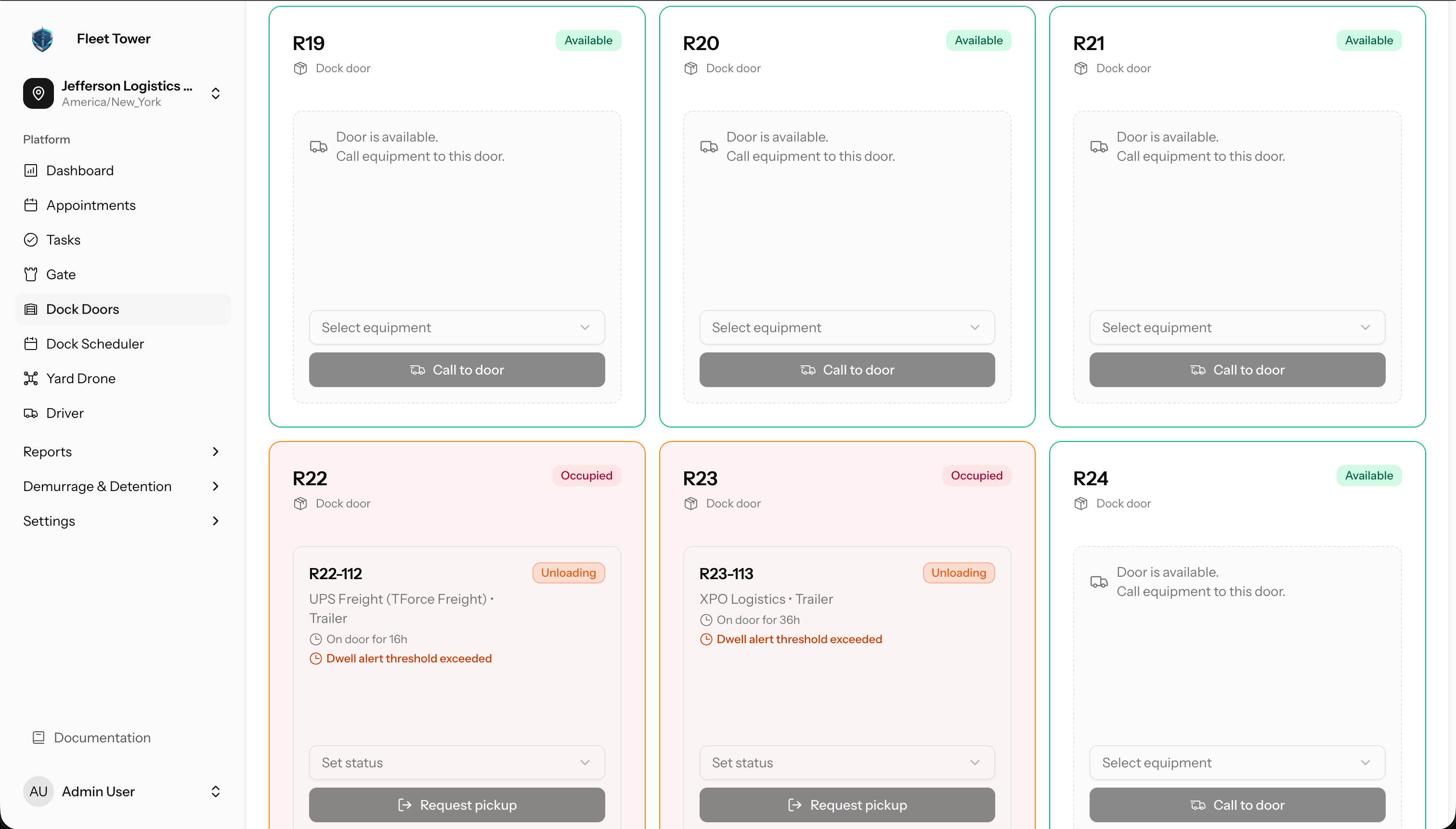 Dock door operations screen in Fleet Tower