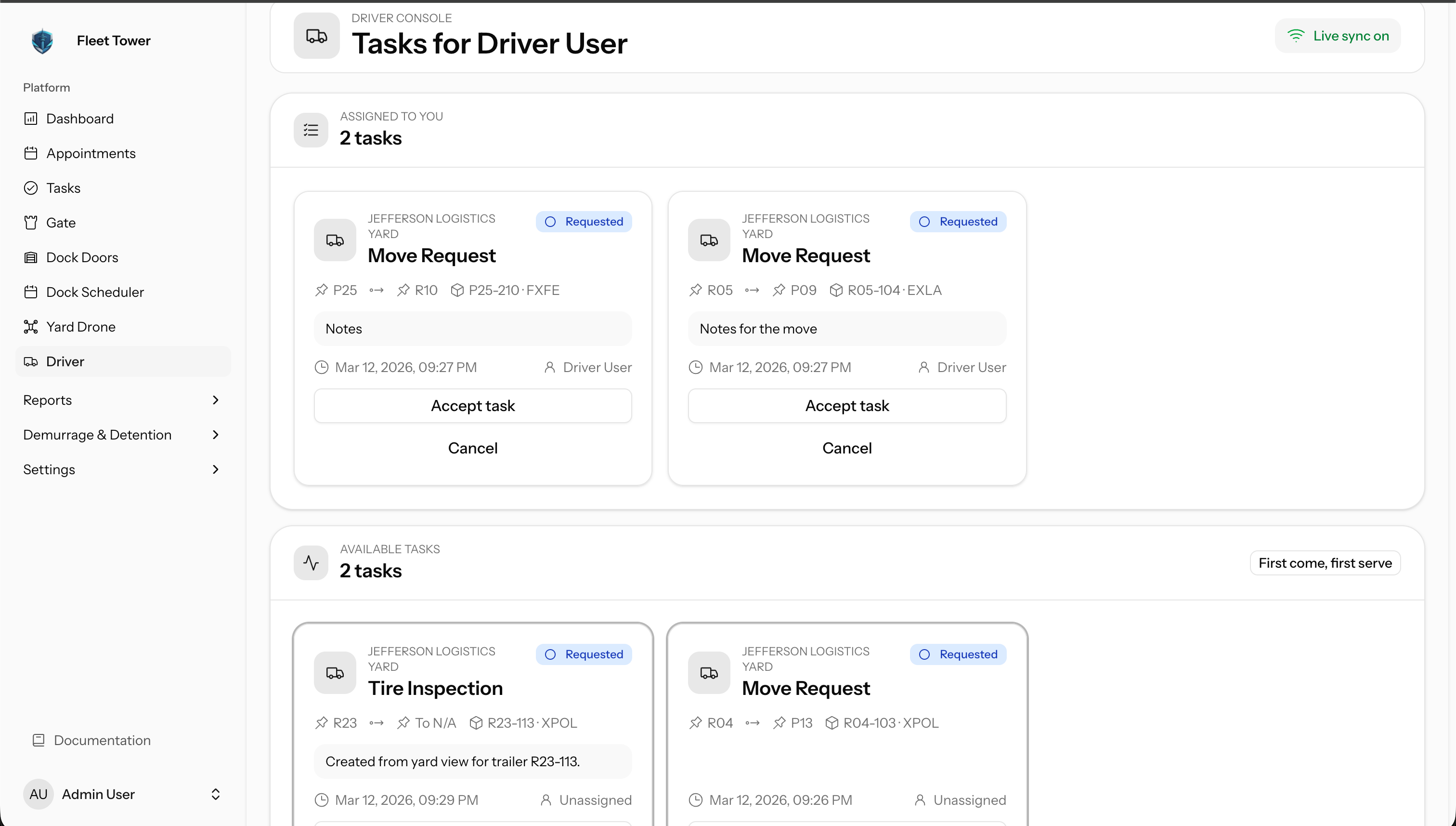 Fleet Tower task management board for yard operations