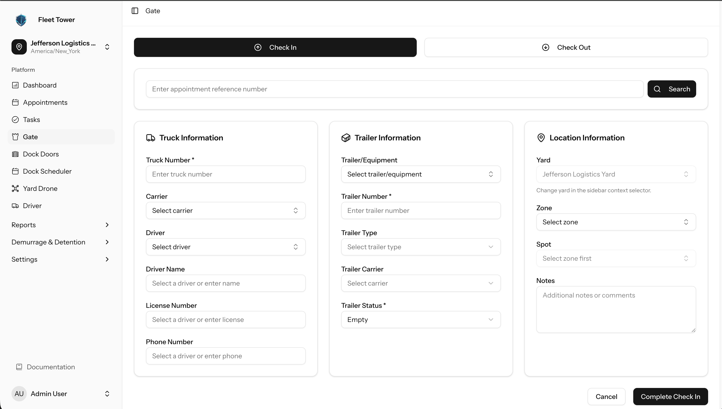 Fleet Tower gate operations and check-in workflow