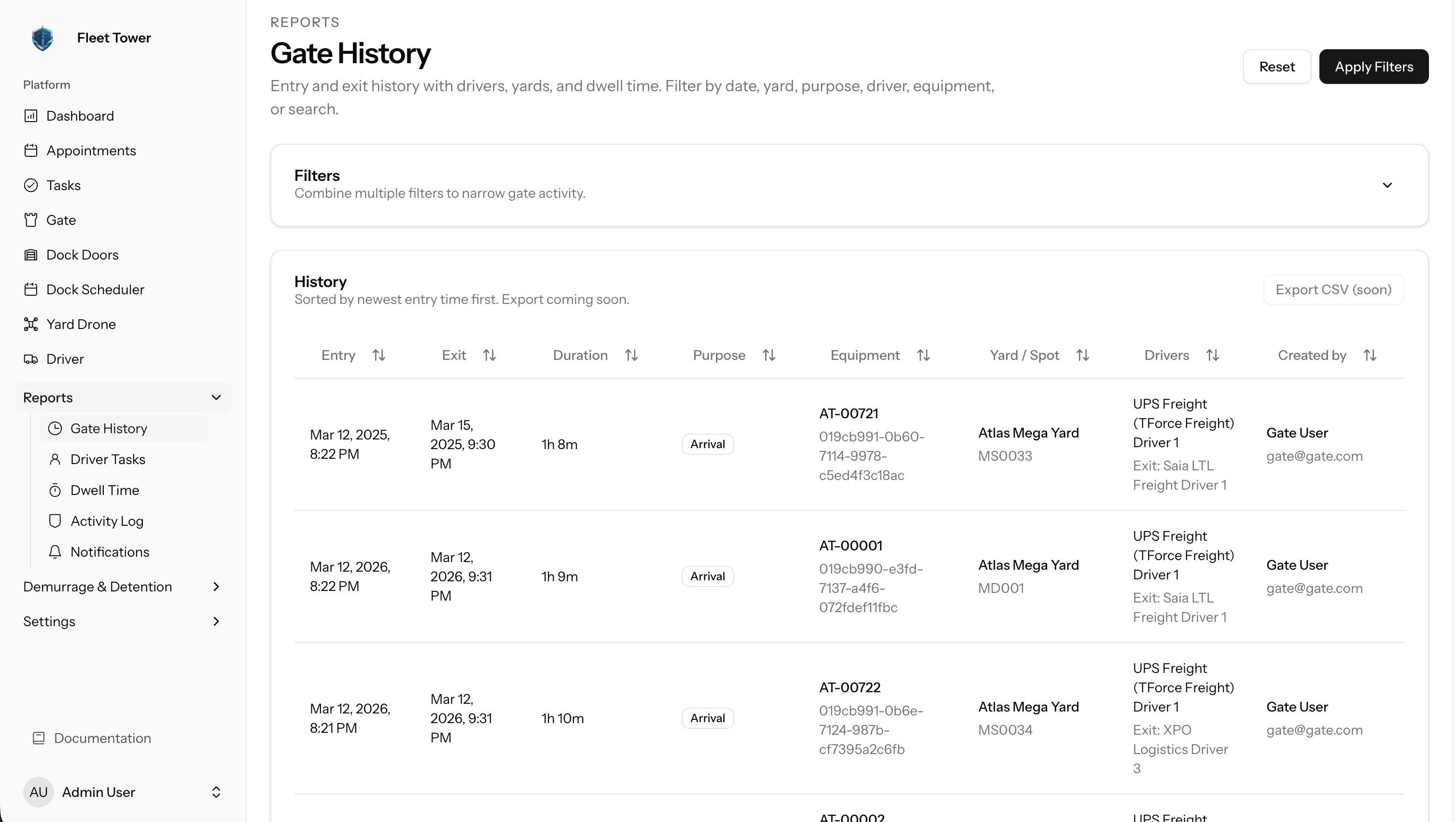 Yard and operational reports interface