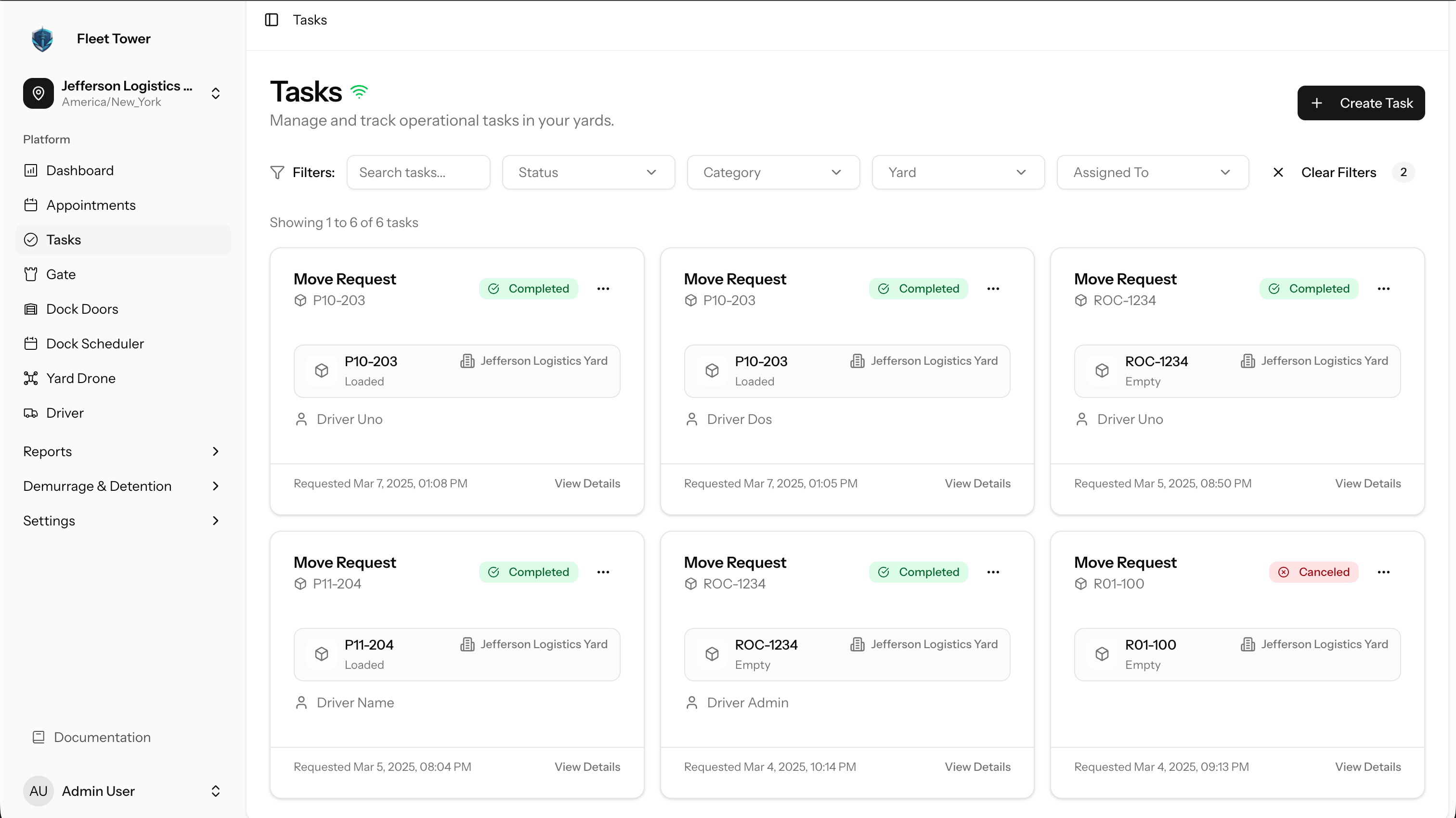 Fleet Tower task board for trailer and yard movement visibility