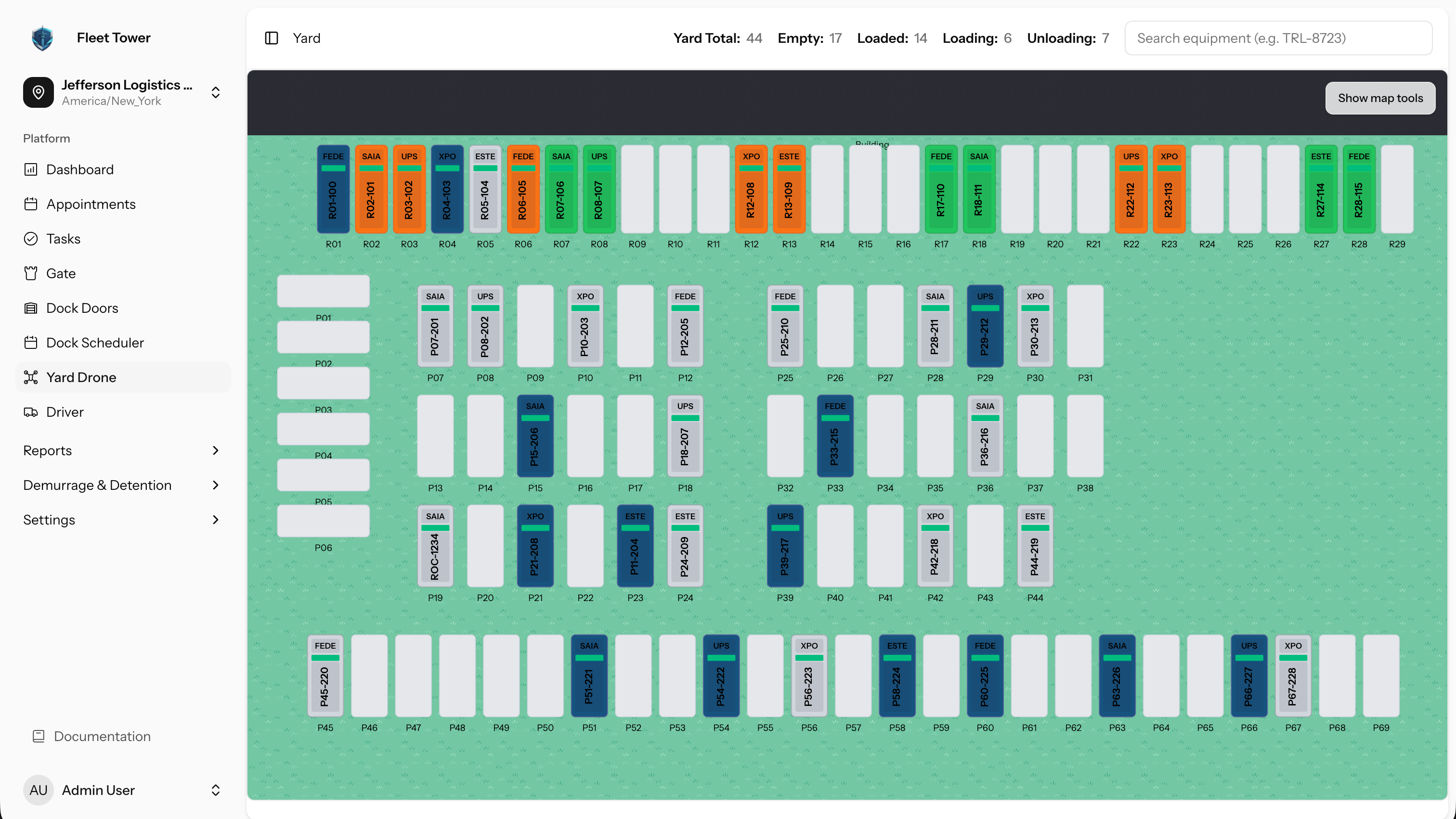 Fleet Tower drone-style yard view with live trailer task visibility
